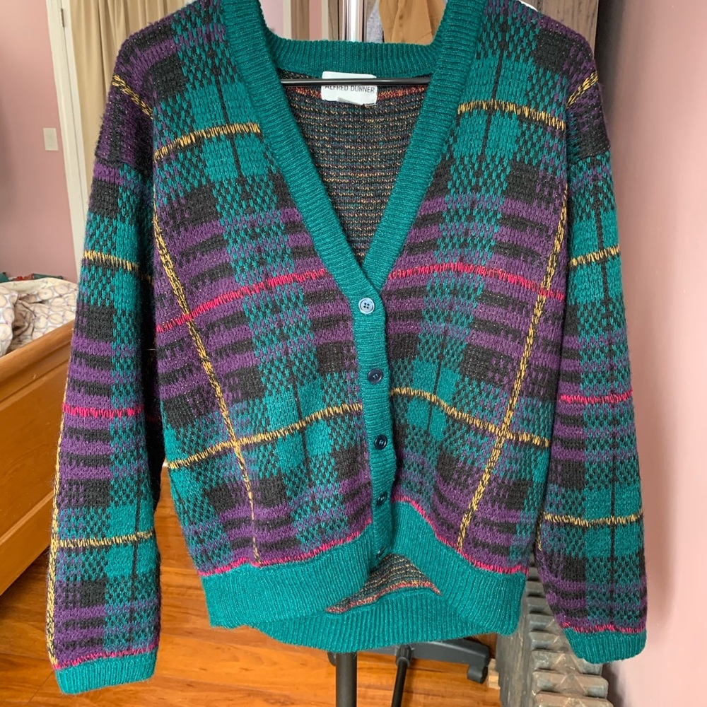Purple and Blue Plaid Cardigan Sweater